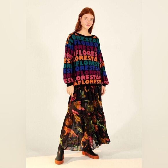 Farm Rio Rainbow Floresta Tricot Multicolor Dress Sweater Crew Scoop Size XS - Picture 3 of 14